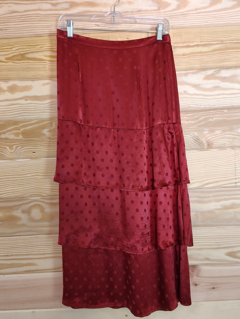 Saltwater Luxe Rust Red Satin Polka Dot Tiered Layered Midi Skirt M Holiday Chic
